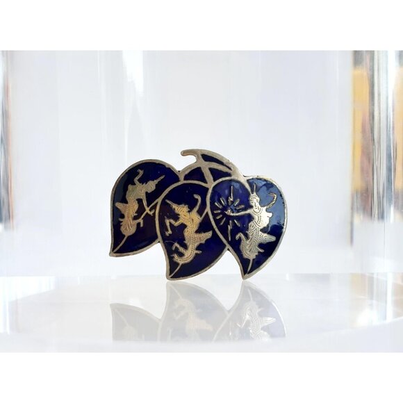 Blue Enamel Triple Leaf Ramasoon & Mekkala Siam Sterling Silver Vintage Brooch - Picture 3 of 10